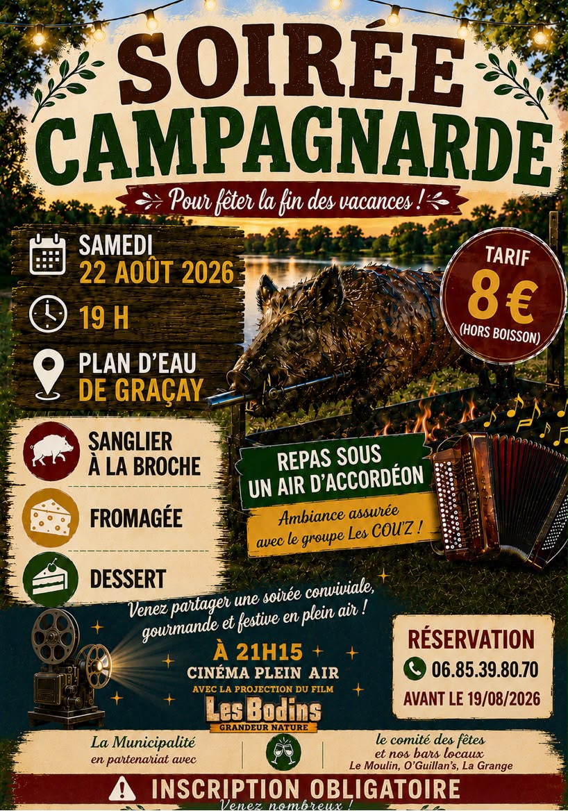Affiche de la &laquo; Soir&eacute;e Campagnarde &raquo; organis&eacute;e au plan d&rsquo;eau de Gra&ccedil;ay le samedi 22 ao&ucirc;t 2026 &agrave; partir de 19 h, pour f&ecirc;ter la fin des vacances. Le tarif est de 8 &euro; hors boissons et l&rsquo;inscription est obligatoire avant le 19 ao&ucirc;t 2026 au 06 85 39 80 70.  Le repas comprend un sanglier &agrave; la broche, une fromag&eacute;e et un dessert. La soir&eacute;e est anim&eacute;e par le groupe Les Cou'z avec un repas sous un air d&rsquo;accord&eacute;on. &Agrave; 21 h 15, une s&eacute;ance de cin&eacute;ma en plein air est propos&eacute;e avec la projection du film &laquo; Les Bodin&rsquo;s Grandeur Nature &raquo;.  L&rsquo;&eacute;v&eacute;nement est organis&eacute; par la Municipalit&eacute;, en partenariat avec le comit&eacute; des f&ecirc;tes et les bars locaux : Le Moulin, O'Quillan&rsquo;s et La Grange. L&rsquo;affiche pr&eacute;cise &eacute;galement : &laquo; Venez nombreux !